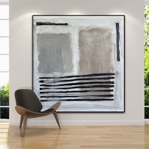 Quadro astratto beige grigio geometrico su tela con texture originale moderna decorazione murale grande minimalista
