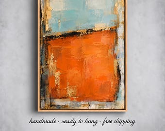 Orange Abstract Painting Gold Leaf Art Aqua Blue and Orange Color Field Textured Canvas Wall Art Decor