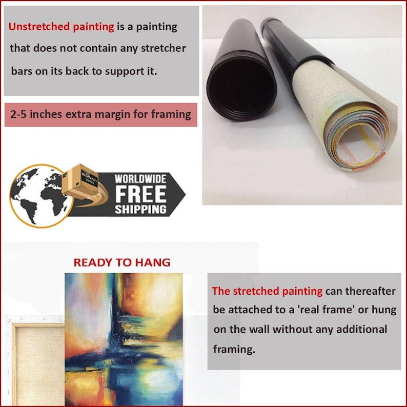May include: A rolled canvas painting in a black tube. The painting is colorful and abstract. The text "Unstretched painting is a painting that does not contain any stretcher bars on its back to support it." is visible. The text "2-5 inches extra margin for framing" is visible. The text "WORLDWIDE FREE SHIPPING" is visible. The text "READY TO HANG" is visible. The text "The stretched painting can thereafter be attached to a 'real frame' or hung on the wall without any additional framing." is visible.