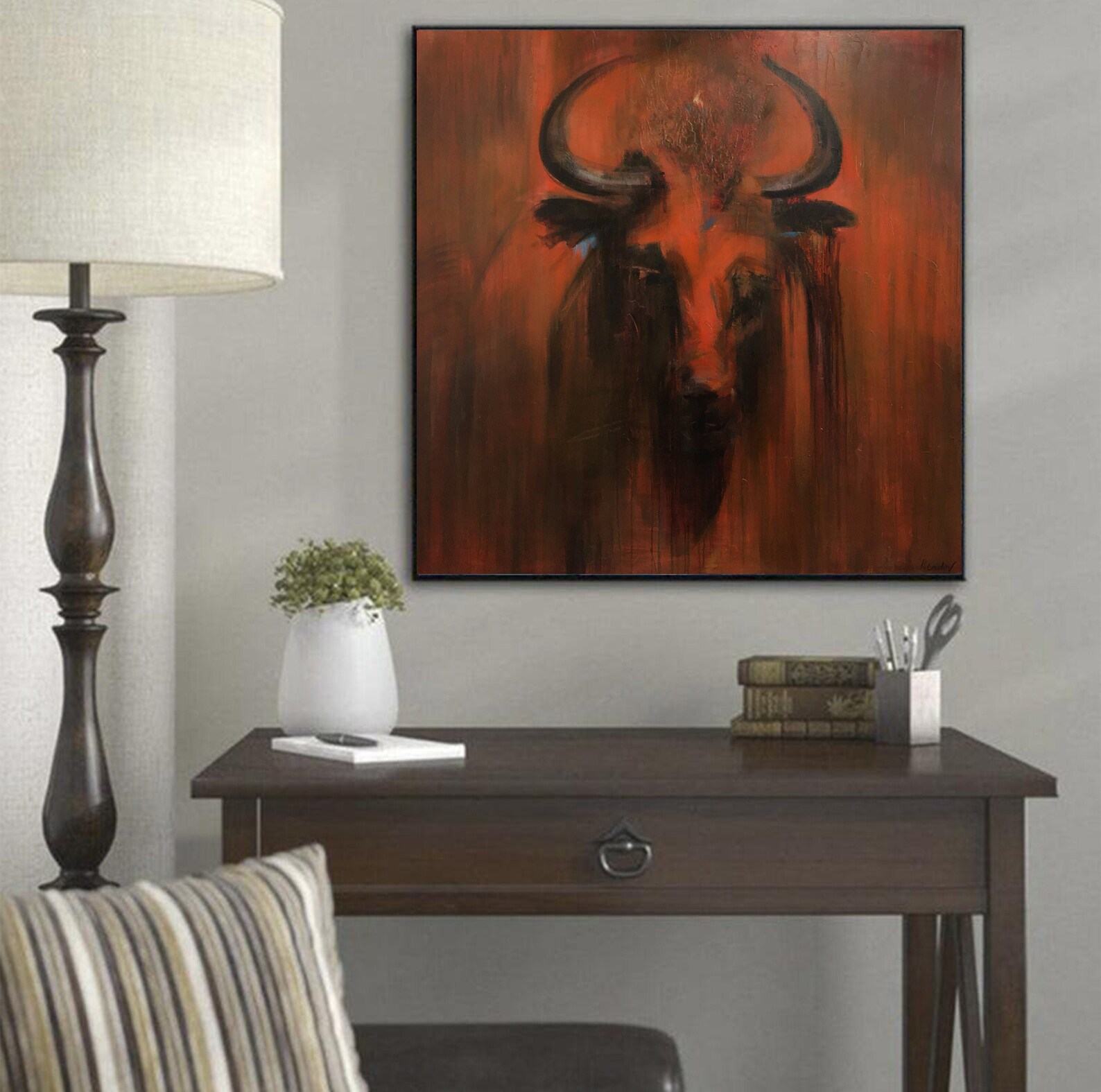 Red Bull Painting Bull Wall Art Red Abstract Painting Large Etsy