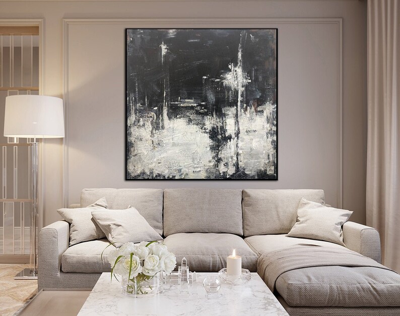 Grande toile Mur Art Noir et Blanc Peinture abstraite Peinture | Etsy