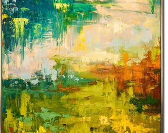 Abstract Green Painting Rich Textured Vibrant Palette Colored Painting Square Composition Therapy Office Decor