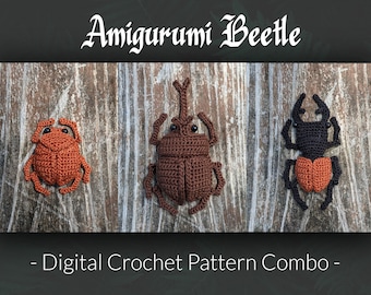 May include: Three crocheted amigurumi beetle toys. The beetles are brown, black, and orange. The beetles are displayed on a wooden background. The text "Amigurumi Beetle - Digital Crochet Pattern Combo -" is displayed below the beetles.