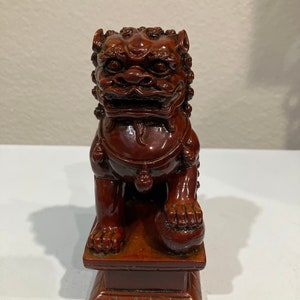 Vintage Heavy Resin Asian Cinnabar Red Foo Dog Lion Figurine