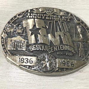 Texas Sesquicentennial Brass Belt Buckle: 150 Year Anniversary, HTS & Associates, Vintage 1986