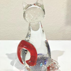 Vintage Cat & Goldfish Murano Blown Glass Studio Millefiori Paperweight Figurine