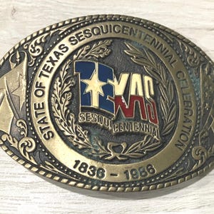 State Of Texas 1836 - 1986 Sesquicentennial Celebration 150 Year Brass Belt Buckle by The Texoma Leather & Brass Company