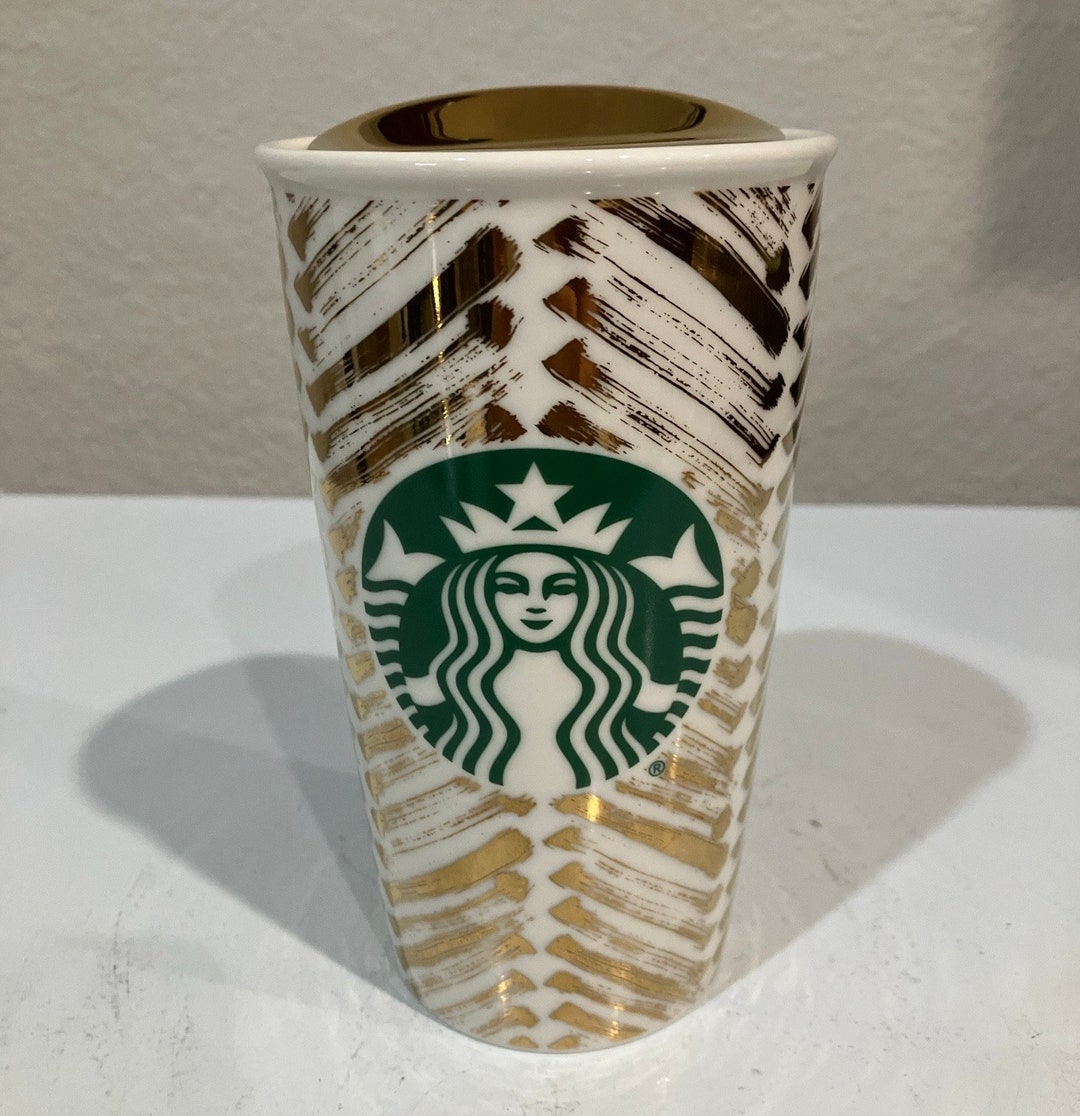 Starbucks 12 Oz Gold Chevron Mermaid Ceramic Travel Tumbler Mug With ...