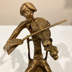 Modern Violinist Art Statue Brass Plated Playing in Chair 10+ Inches