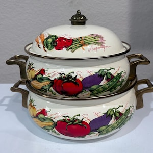 Set of 2 Vintage Farmers Best Enamelware Pots with Brass Lid and Handles Veggies Design