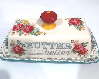 Pioneer Woman Floral Collection Butter Dish – Stoneware Kitchen Decor, Country Cottage Style