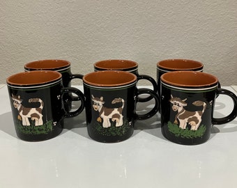 Set of 6 Vintage Ceramic Black and Brown Embossed Cow Coffee Cup Mug Farmhouse Decor Rustic Decor Cottagecore