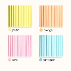 May include: A color palette chart titled Nos couleurs Pastel by ESOXIA DESIGN featuring four ribbed textures in pastel yellow, orange, pink, and turquoise. Each square is labeled with its corresponding color name: jaune, orange, rose, and turquoise.