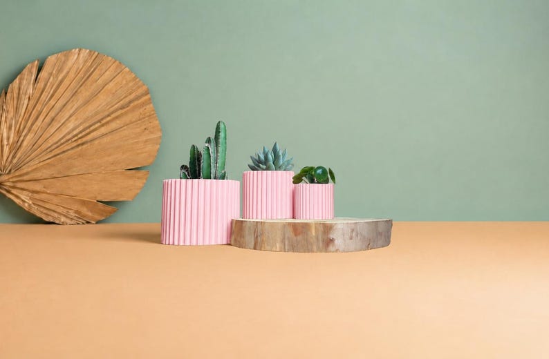 May include: Three cylindrical light pink planters with a vertical ribbed texture, each containing a small green succulent plant. The planters are arranged in a row, with the largest on the left and the smallest on the right.