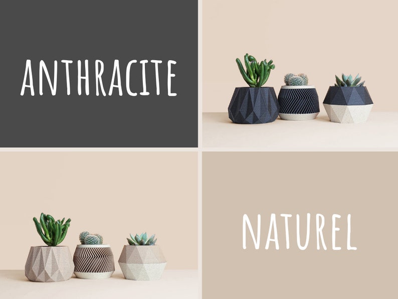 May include: Three geometric concrete planters with succulents. The planters are in black, white, and gray. The text "ANTHRACITE" and "NATUREL" are visible in the image.