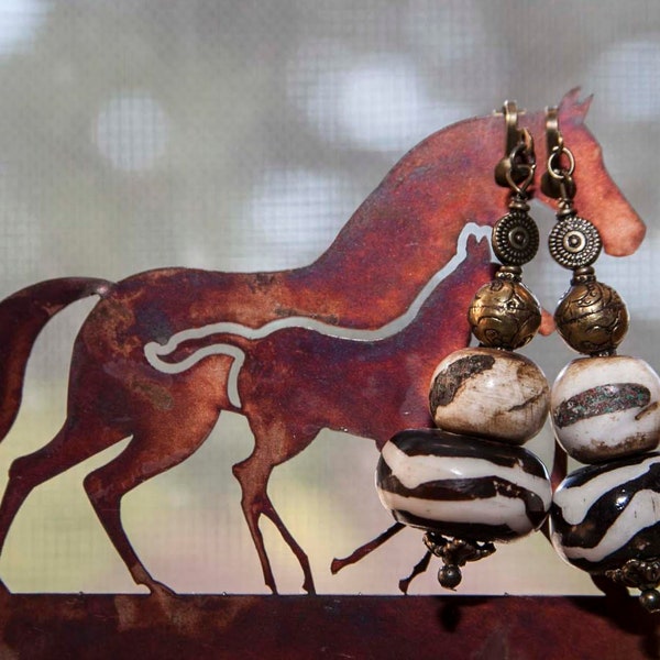 Tribal Earrings African Bone Horn Naga Conch Batik Animal Print - "Ngong Hills"