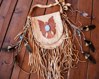 Leather Eagle Fringe Bag, Bohemian Fringe Bag, Turquoise, Leather Fringe Bag "Lakota Eagle"