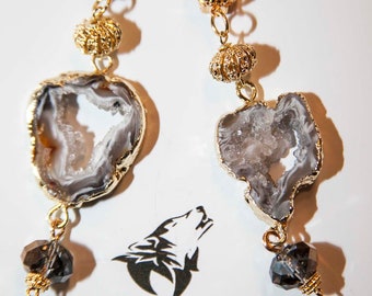 Agate Geode Druzy Freeform Slice Swarovski 24K Gold Vermeil Earrings - “Ice Cave”