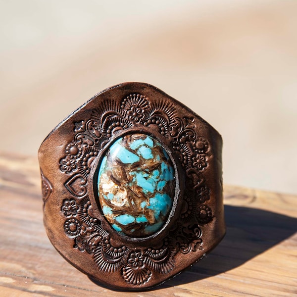 Custom Leather Cuff Bracelet Turquoise Stone Hand Tooled Western Design