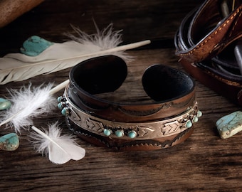 Native American Symbols leren manchetarmband handgemaakt westers ontwerp Unisex