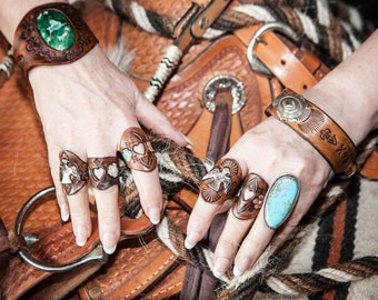 Large Hand Painted Flower Leather Ring Tooled Western Design