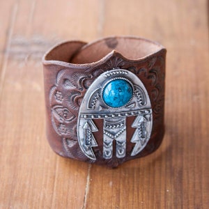 Western Leather Cuff Bracelet Tribal Hand Tooled Southwestern Biker Unisex