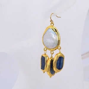 Kyanite Earrings, Fresh Water Coin Pearl, Gemstone 24K Gold Vermeil &quot;Blue Ocean&quot;