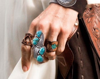 Small Hand Painted Flower Leather Ring Tooled Western Design