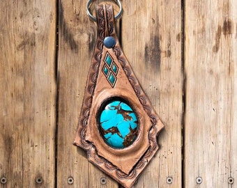 Custom Leather Key Ring, Hand Tooled, Carved Leather, Hand Painted, Turquoise Gemstone, Western Accessories, Cowboy, Cowgirl -