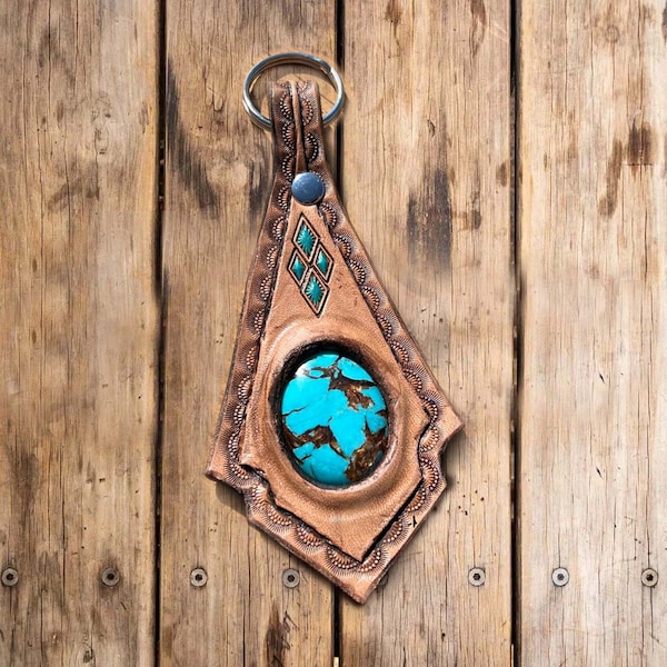 Custom Leather Key Ring, Hand Tooled, Carved Leather, Hand Painted, Turquoise Gemstone, Western Accessories, Cowboy, Cowgirl -