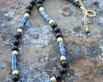 Black Onyx, Kazuri Necklace, Exclusive Gold Beads, Long Necklace "Nairobi Sunset"