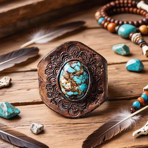 May include: A wide brown leather cuff bracelet featuring an intricate embossed floral pattern and a large, oval-shaped turquoise stone with dark brown matrix veining set in the center of the textured leather surface.