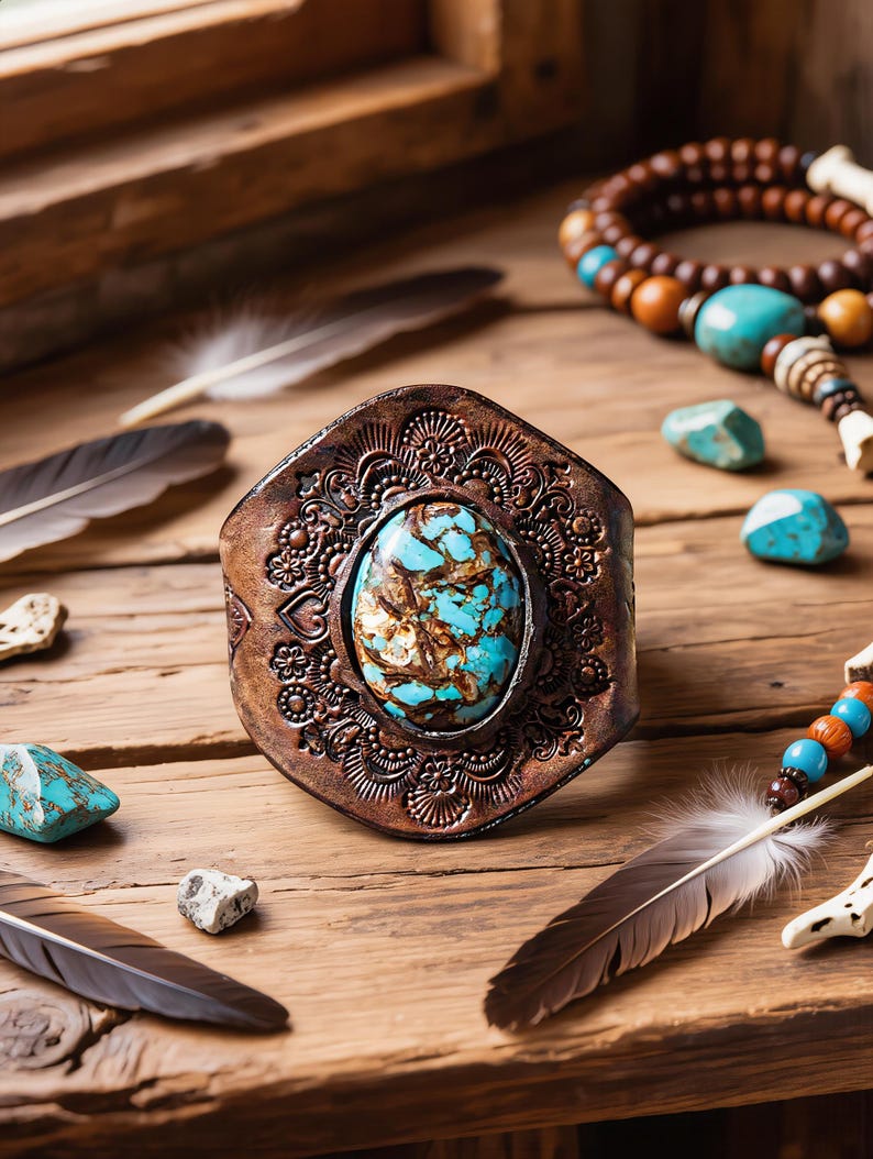 May include: A wide brown leather cuff bracelet featuring an intricate embossed floral pattern and a large, oval-shaped turquoise stone with dark brown matrix veining set in the center of the textured leather surface.