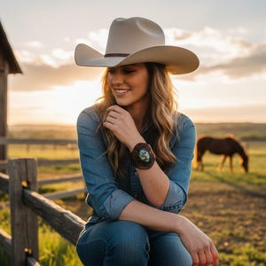 May include: A light beige cowboy hat with a brown band, a blue denim long-sleeved shirt, and a dark brown leather cuff bracelet featuring a central turquoise stone. The attire is worn with blue denim jeans in a rural setting with horses.