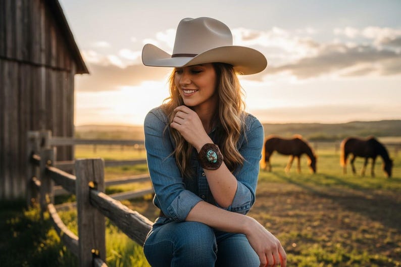 May include: A light beige cowboy hat with a brown band, a blue denim long-sleeved shirt, and a dark brown leather cuff bracelet featuring a central turquoise stone. The attire is worn with blue denim jeans in a rural setting with horses.