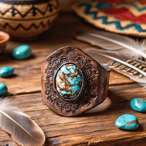 May include: A wide cuff bracelet featuring a central oval turquoise stone with brown matrix veining. The metal band has a dark, weathered finish and is decorated with intricate, stamped floral and geometric patterns surrounding the stone.