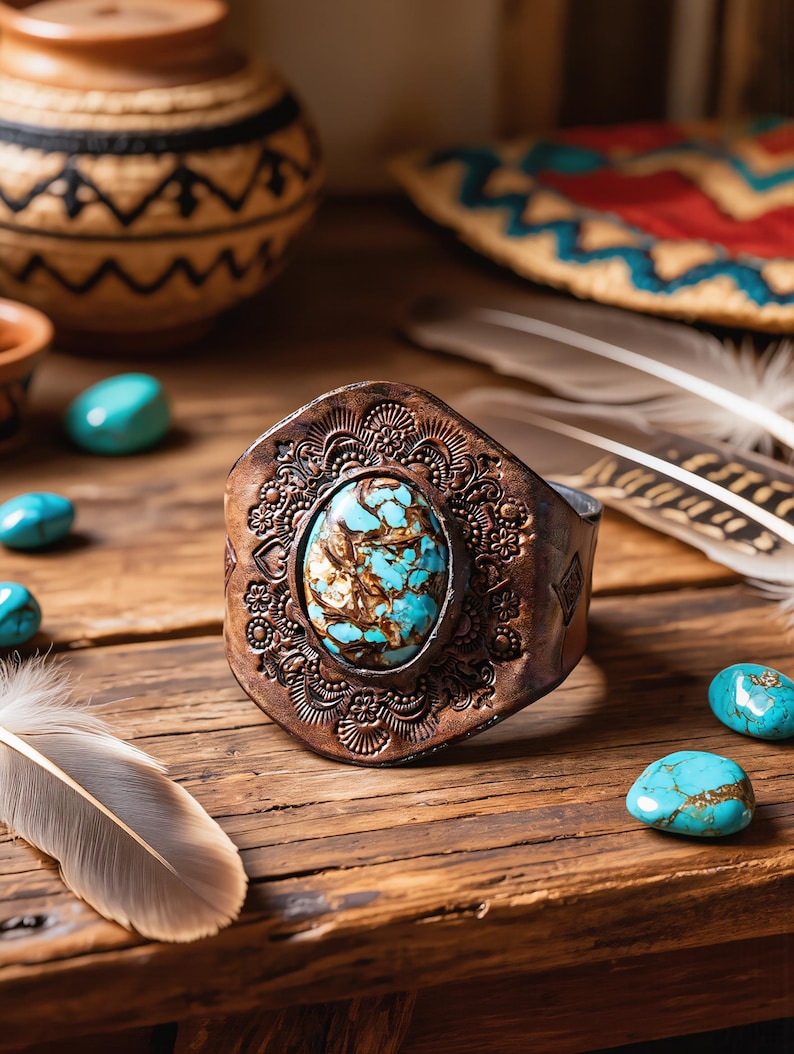 May include: A wide cuff bracelet featuring a central oval turquoise stone with brown matrix veining. The metal band has a dark, weathered finish and is decorated with intricate, stamped floral and geometric patterns surrounding the stone.