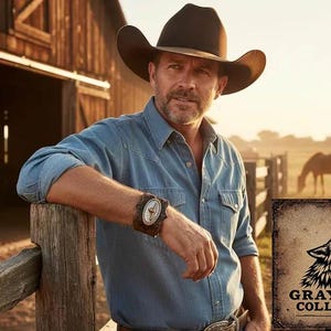 May include: A man wearing a brown cowboy hat and a denim shirt, leaning on a wooden fence. He is wearing a brown leather watch. The background features a barn, a horse, and the "GRAY WOLF COLLECTIONS" logo.