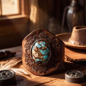 May include: A wide brown leather cuff bracelet featuring an oval turquoise stone with brown matrix veining at the center. The leather surface is decorated with intricate embossed floral and geometric patterns surrounding the central stone.