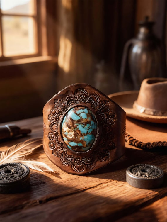 Leather Cuff Bracelet Turquoise Stone Hand Tooled Western Design