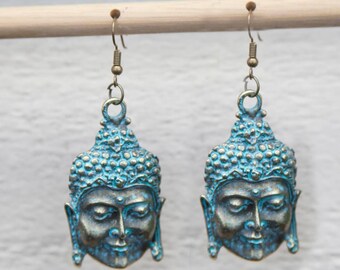 Buddha Verdigris Blue Patina  Earrings "Bliss and Joy"