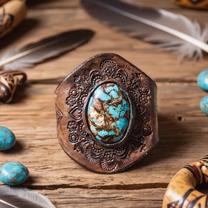 May include: A wide cuff bracelet made of dark brown leather featuring an oval turquoise stone with brown matrix veins at the center. The leather surface is embossed with intricate floral and geometric patterns surrounding the central stone.