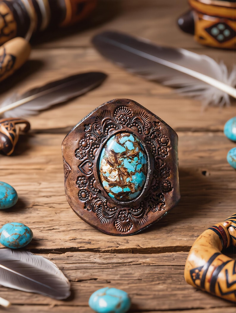 May include: A wide cuff bracelet made of dark brown leather featuring an oval turquoise stone with brown matrix veins at the center. The leather surface is embossed with intricate floral and geometric patterns surrounding the central stone.