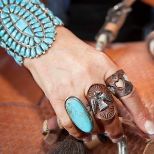 Leather Thunderbird Ring, Tooled, Southwestern Design