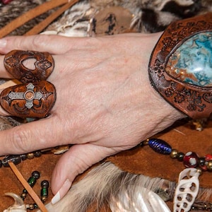 Western Leather Silver Cross Ring, Southwestern Design