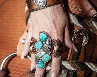 Large Heart Leather Ring Tooled Western Design