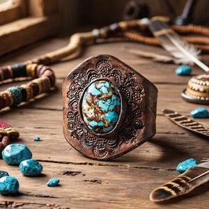 May include: A wide copper cuff bracelet featuring an oval-shaped turquoise stone with brown matrix veining at the center. The metal surface is embossed with intricate floral and geometric patterns surrounding the central gemstone setting.