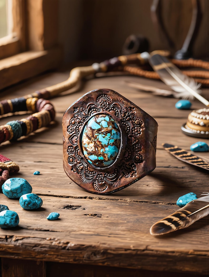 May include: A wide copper cuff bracelet featuring an oval-shaped turquoise stone with brown matrix veining at the center. The metal surface is embossed with intricate floral and geometric patterns surrounding the central gemstone setting.