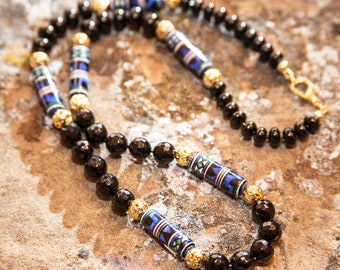 Onyx, Kazuri Necklace Exclusive Gold Beads Long Necklace "Masai Mara"