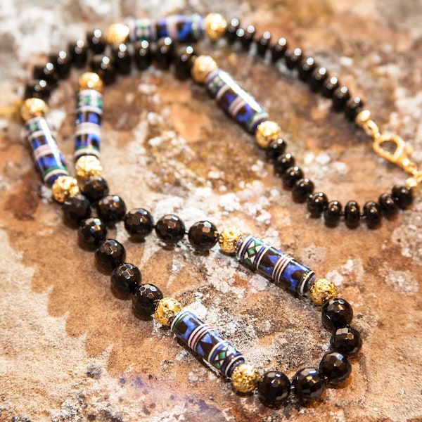 Onyx, Kazuri Necklace Exclusive Gold Beads Long Necklace "Masai Mara"